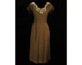 Size 6 Bombshell Dress & Coat - Small 1950s Linen Look Rayon Ensemble - 50s Lucy Style Mocha Brown with Studs and Soutache - Waist 26