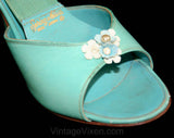Size 6 Rare Shoes - Aqua Blue 1950s Spring-o-lator Heels with Hand Painted Seashell Detail - Sexy 50s Summer Beach Springolators - 6A Narrow