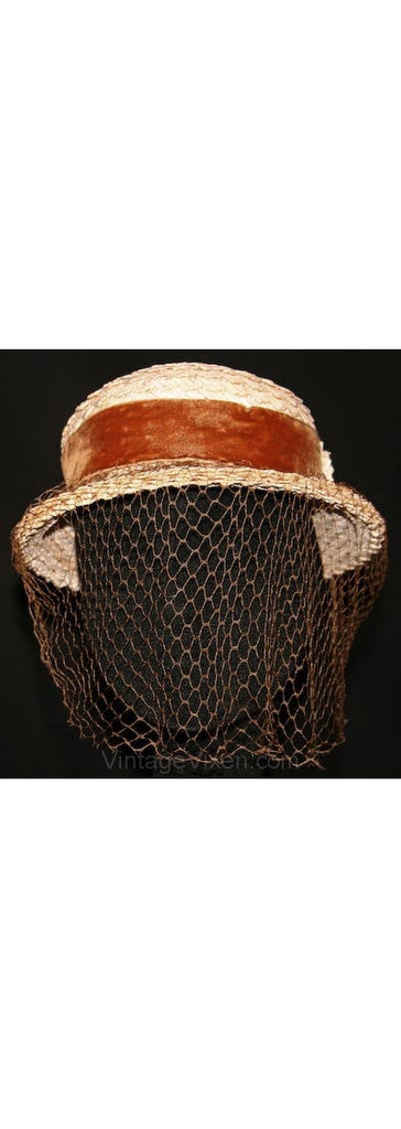 Lovely 1930s Whitewash Straw Hat with Cocoa Velvet & Veil -30s Millinery - Wonderful Character - Spring - Fall - Autumn - Net - 32236-1