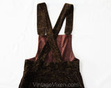 Size 6 Velveteen Overalls - Plush Brown Trompe L'Oeil Tweed Print 1970s Velvety Pants with Bib Front & Straps - 70s Juniors - Waist 26