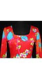 Size 8 Red Asian Print Dress - Mod 1960s Cherry Blossoms Maxi Dress - Vivid Florals Far East Long Sleeve - Bust 36 - Late 60s Early 70s