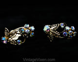 1950s Marilyn Style Earrings - Flashy Blue Rhinestones & Goldtone Metal - 50s Gold Petite Flower and Leaf Clip Ons - 50's Glamour Girl