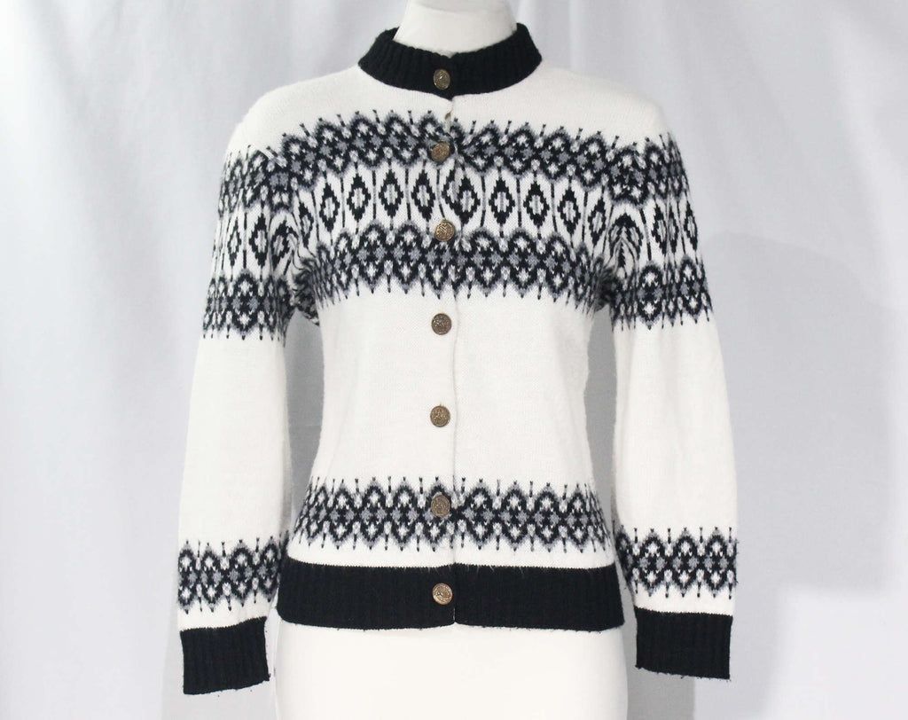Size 8 Fair Isle Cardigan - 1960s Black & White Scandinavian Style Button Up Sweater - 60s Preppie Winter Knit - Heraldry Buttons - Bust 35