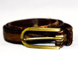 Medium Feathers Belt with Brass Buckle - Size 4 to 10 Boho Brown Pheasant & Guinea Exotic Birds - Skinny Leather - Summer Fall Retro 80s