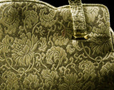 50s Evening Handbag - Gold Floral Metallic Brocade 1950s Marilyn Formal Bag - Scrollwork Leafy Motif - 2 Handles - Satin Lining & Coin Purse