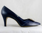 Size 8 Shoes - 1950s Navy Shoes with Asian Pagoda Style Gold Metal Detail - B Width Shoe - 8B Dark Blue Heels - Cotillion NOS Deadstock