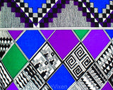 Size 8 Black Tribal Print Maxi Dress - 1960s Long Sleeve A-Line Sheath & Belt - Purple Blue Emerald Green Geometric 60s Polyester - Bust 38