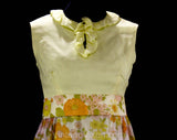 Size 6 Garden Party Dress - 60s Yellow Floral Empire Gown with Hippie Era Flower Print - Sleeveless Ruffle Neckline & Raised Waist - Bust 34