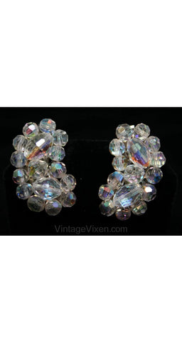 Vintage Pearlized Plastic & Clear Rhinestones Flower Clip-On Earrings