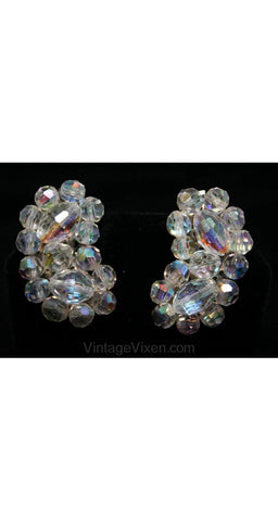 Cut Crystal 1950s Beaded Earrings - Curved Up The Ear - Glamour - Clip Earrings - Clear Glass Beads & Silver - 1950s - 28031-1