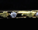 10KT Gold Brooch with Diamonds and Freshwater Pearls - Leafy Open Design Long Rectangle - Beautiful Lapel Pin - Marked 10 Karat - Exquisite