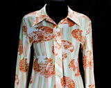 Size 8 70s Shirt - Long Sleeved 1970s Disco Era Casual Top - Scenic Novelty Print Plantations Mansions - Peach Pink Mint Green - Bust 37.5