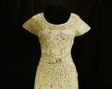 Size 6 Ribbon Dress - 1950s Beige Stitched Soutache Cocktail - Neutral Taupe Ribbonwork Small 50s Dress - Original Belt - Pristine - Bust 34