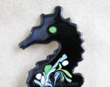 1950s Seahorse Pin - Black Enamel Sea Horse Brooch with Blue Mint Green & White Swirls - Atomic Era 50's Beachy Sea Life Fish - Copper Back