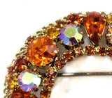 Glittering 50s Rhinestone Brooch - Made in Austria - Brown Orange Amber Gold Rhinestones - 1950s 1960s Round Pin - Autumn Glamour - 50481