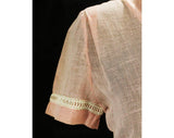 Size 8 1940s Sheer Pink Dress - Rustic Linen Weave - 40s 50s Short Sleeve Summer Frock - Fresh Authentic 30s - Irish Crochet Lace - Waist 27