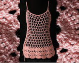 Size 6 Hippie Chic Pink See-Through Crochet Top - Sheer Fish Net Summer Tank - Boho 1970s Spring Knit - Mint Condition - Bust 36 - 36956-1