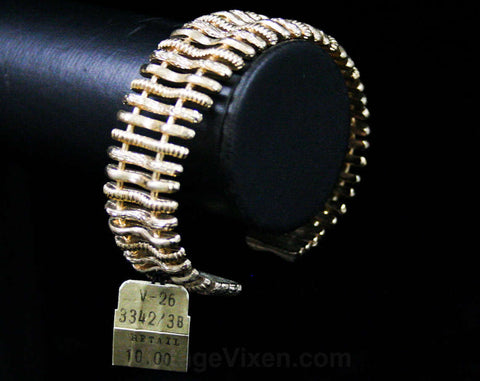1950s Goldtone Cuff Bracelet - Modernist Abstract 50s Textures - 50's Deadstock Jewelry with Tag - Sophisticated Office Jewelry - 42472