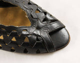 Size 10 Narrow Shoes - Sexy 1980s Brazilian Peep Toe Sandals - Black Cutout Leather Huarache Style - 3 Inch Heels - Unworn 80s Deadstock