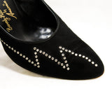 Size 6.5 Black Suede 50s Heels with Zig-Zag Rhinestones - Hollywood Style 1950s Shoes - Beverly Hills Label - Sexy Metal Studs - 6 1/2 N