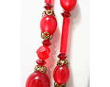 Cranberry Red 1950s Double Strand Necklace - 50s 60s - Freckled Goldtone Details - Filigree Caps - Office Jewelry - Secretary Style