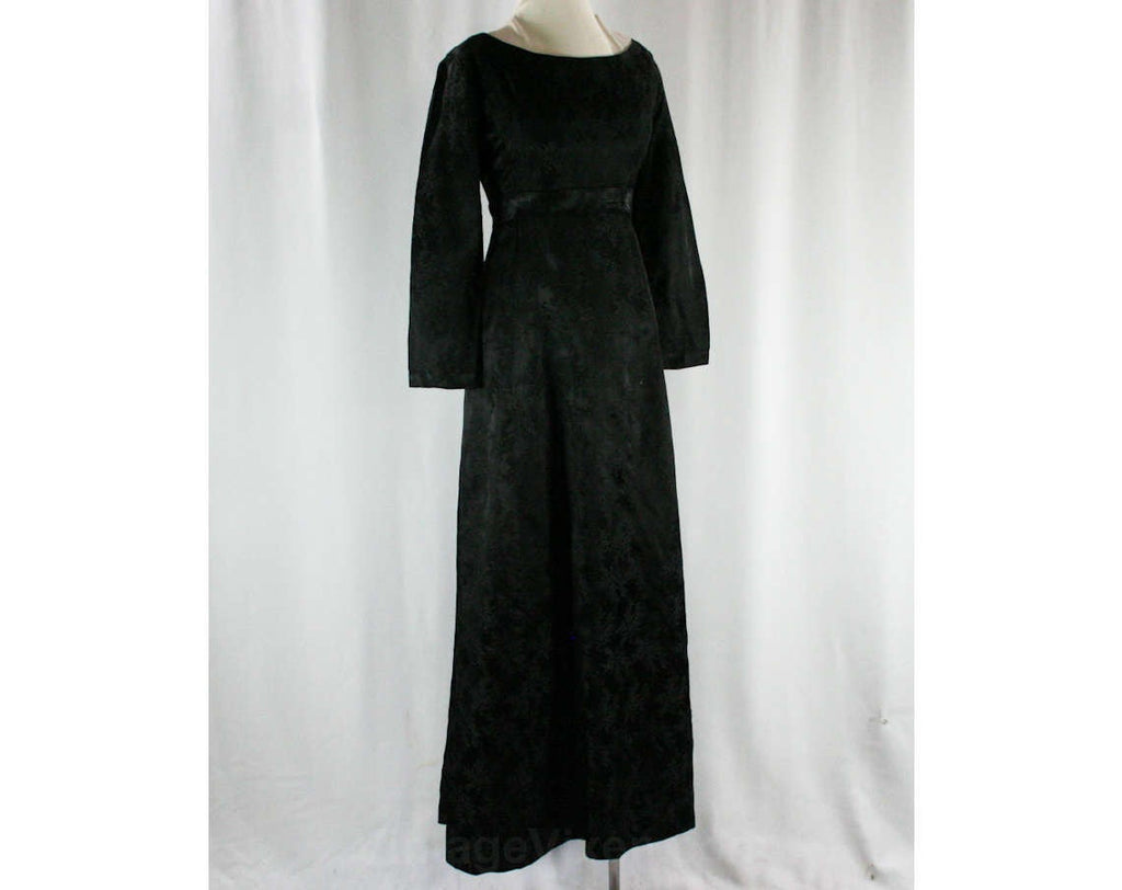 Size 6 Black Brocade Evening Dress - 1960s Empire Waist Gown Size 6 Black Brocade Evening Dress - 1960s Empire Waist Gown