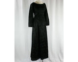 Size 6 Black Brocade Evening Dress - 1960s Empire Waist Gown - Elegant Floral Satin - Timeless 60s Formal with Scoop Back & Waterfall Train