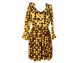 Size 10 1960s Ruffled Dress - Coffee Brown Crinkle Crepe Fit & Flare 60s Frock with Belt - Go-Go Style Ruffle Collar and Cuffs - Waist 29