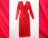 Size 8 Goddess Dress - 1990s Hot Red Jersey Knit Cocktail Dress by Kira - Slinky Wrap Style Swags & Draping - Long Sleeve - Bust 36 - 41779