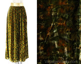 Size 10 Velvet Evening Skirt with Gold Lame' Waistband - Gorgeous 60s 70s Moss Green & Burnt Orange Watercolor Panne - Medium Waist 28