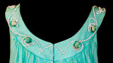 Size 8 Turquoise Evening Dress - 1960s Aqua Blue Chiffon Goddess Gown with Roses & White Beadwork - Medium Spring Summer - Bust 35 - As Is