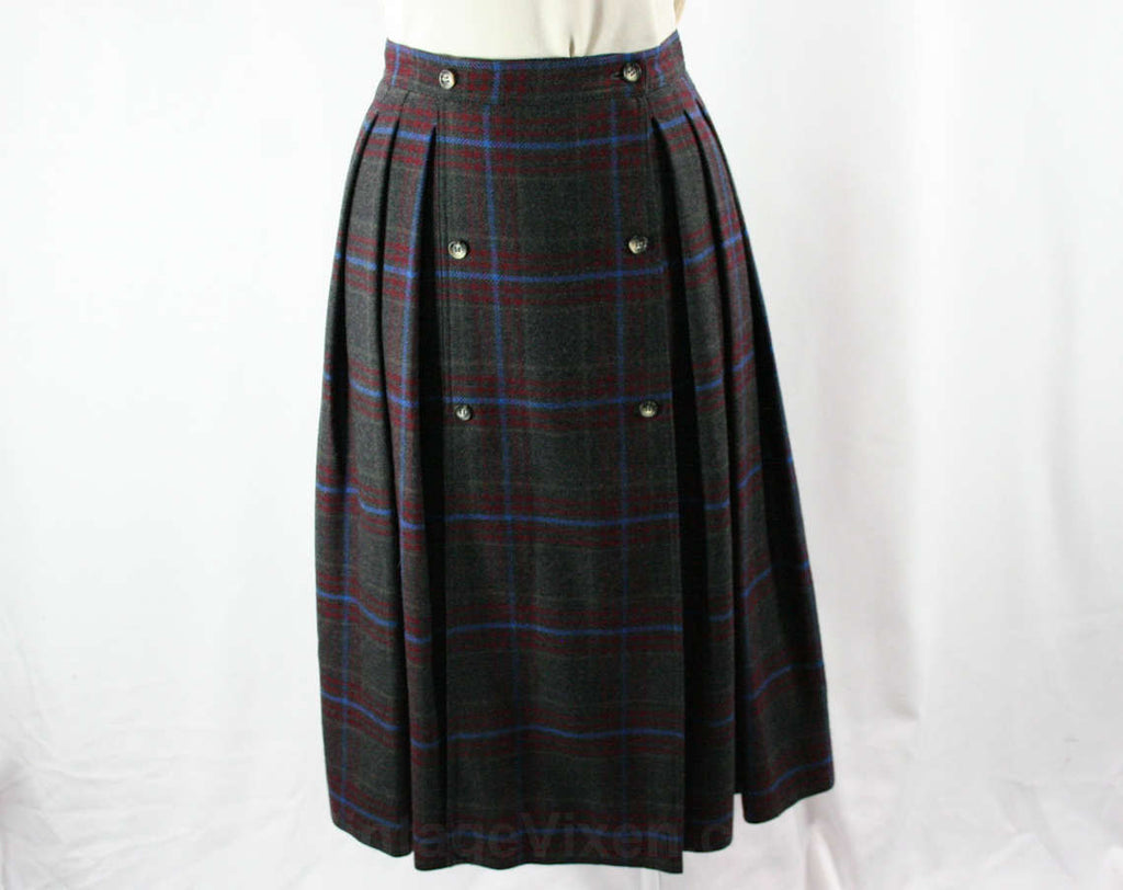 Size 6 Gucci Kilt Skirt - Cashmere & Wool Blend - Classic Fall Designer Preppy - Gray Blue Maroon Plaid - 80s 90s Made in Italy - Waist 25.5