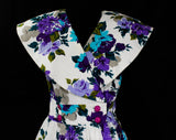 Size 14 1950s Style Dress - Large Purple Turquoise Floral Cotton Summer Frock with Wrap Bodice - Sleeveless Full Skirted 50s Look - Waist 32