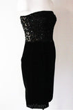 Size 8 Strapless Dress - Disco Diva 1980s Black Velvet Cocktail - Small Medium - Sequined Bodice - Near Mint - Bust to 41 - Waist 27 - 35044