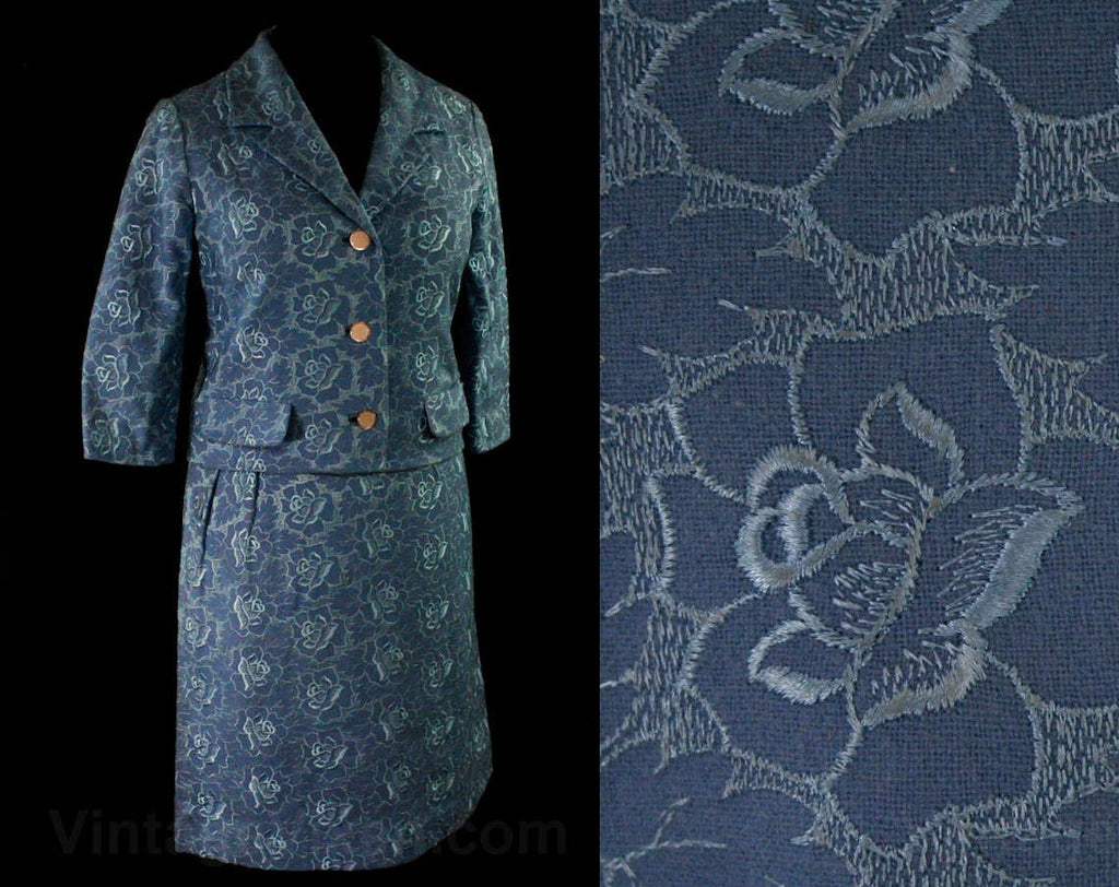 Size 8 1950s Blue Roses Suit - Beautiful Embroidered Floral Wool - 50s 60s Tailored Jacket & Skirt - Medium Mid Century Femme - Waist 26.5