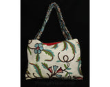 Hippie Chic 1970s Purse - Crewelwork Cotton Canvas Tote with Braided Straps - 70s Summer Boho Handbag - Blue Green Cream Bohemian Crewel Bag