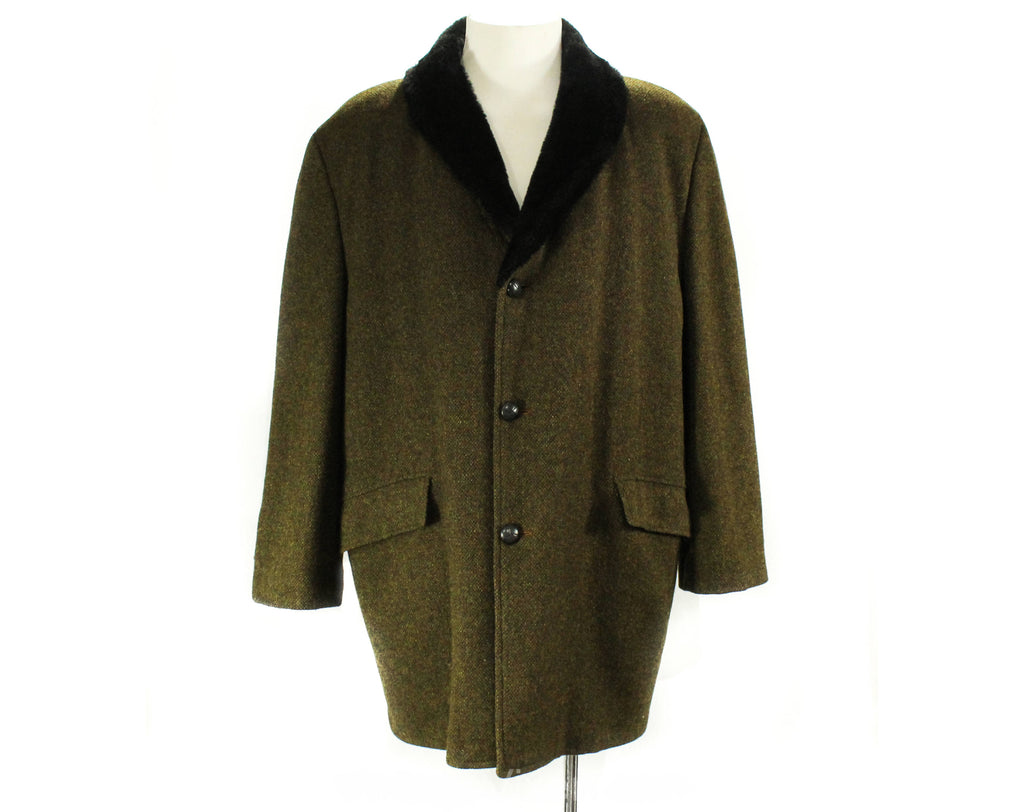 XL Men's Towncraft Car Coat with Faux Fur Collar - 1950s 1960s Mens 60s Hip Length Jacket - Fall Winter Brown Tweed - Big & Tall - Chest 50
