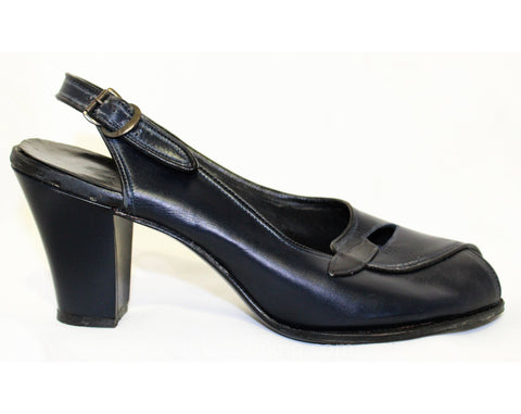 Size 5 1/2 Navy Slingback Shoes - Unworn 1940s Peep Toe Pumps - 5.5 40s Deadstock Dark Blue Leather Heels - Avant Garde Cutout Wrap Design