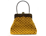 1960s Caramel Tapestry Purse with Gorgeous Brown Lucite Frame - 50s 60s Chenille Lattice Pattern Handbag with Swing Handle - Fall Autumn