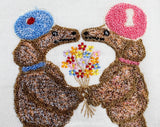 Size 10 Poodle Sweater - 1970s Novelty Dog Pullover by Cyn-Les - Chenille Dogs & Flower Bouquet - Puppy Love - Made For Each Other - Bust 36