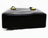 1950s Black Leather Bag - Very Fine Quality Patent Leather Purse - Pristine Mint Condition Unworn - 50s Handbag with Brass Disks - 2 Handles