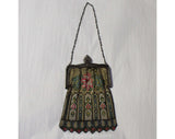 1920s Flapper Purse - Authentic Antique Whiting & Davis Metal Mesh Bag - Art Deco 20s Handbag - Pink Blue Green Floral with Chain Strap
