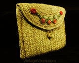 1940s Summer Purse - 40s Braided Jute Resort Handbag with Pink & Green Raffia Flowers - Natural Dyed Envelope Clutch - Artisan Made Bag