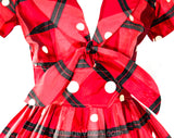 Size 6 1950s Dress - Red Polka Dot Plaid Summer Frock - Fitted Bodice & Full Skirt - 50s Black Tartan Silk Blend Dress - NWT - Waist 26