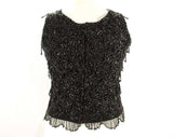 Size 8 Beaded Formal Top - Chic 1960s Evening Sequins Sleeveless Knit with Fish Scales Beading & Fringe - 60s Cocktail Party - Bust 35