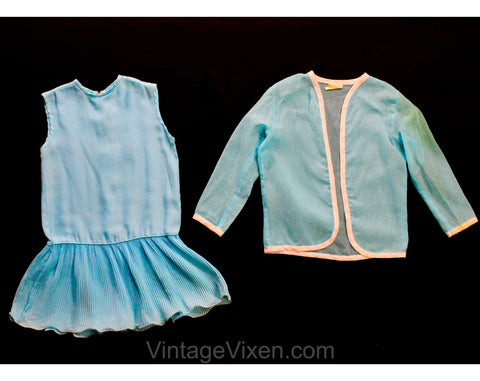 Girls Size 8 Flapper Style Dress - Mod 1960s Child's Blue Summer Sheath Pleated Skirt & Sheer Jacket - 60s Mini Go-Go Girl - Chest 29