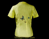 Size 6 McMullen Blouse with Butterfly Appliques - 1950s Yellow Fine Linen Top - Short Sleeved 50s Butterflies Shirt - Beautiful! - Bust 34