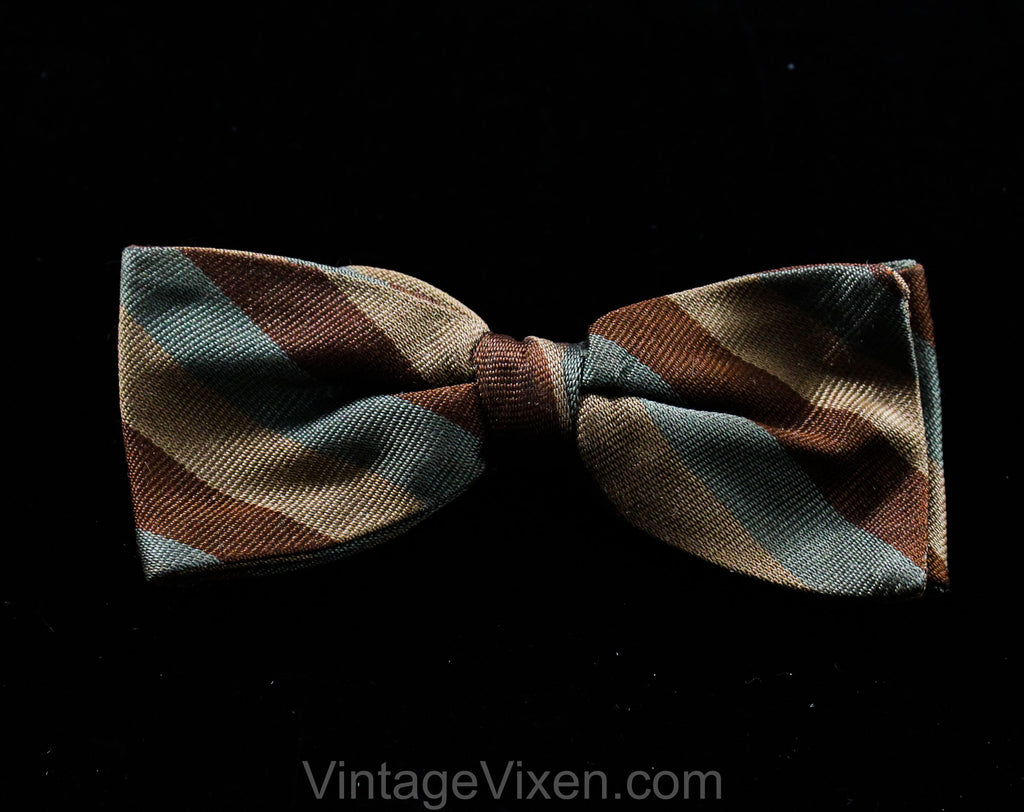 1950s Men's Bow Tie - Brown Tan & Gray Mens 50s Striped Bowtie - Dandy Diagonal Striped Mid Century 50's Clip On Tie - Fall Autumn Colors