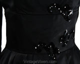 Size 6 Black Satin 50s Party Dress - Small 1950s Cocktail with Sequin Flourishes - Fitted Bodice Square Neckline Full Skirt - Waist 25.5