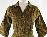 Size 10 Paisley 1950s Dress - Mocha Brown 50s Shirtwaist Style Two Piece Set - Cuffable Sleeves - Cotton Print Outfit With Belt - Waist 29